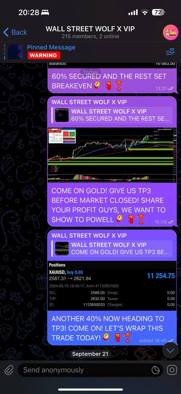 Interface of WSWFX VIP Signal service providing trading signals